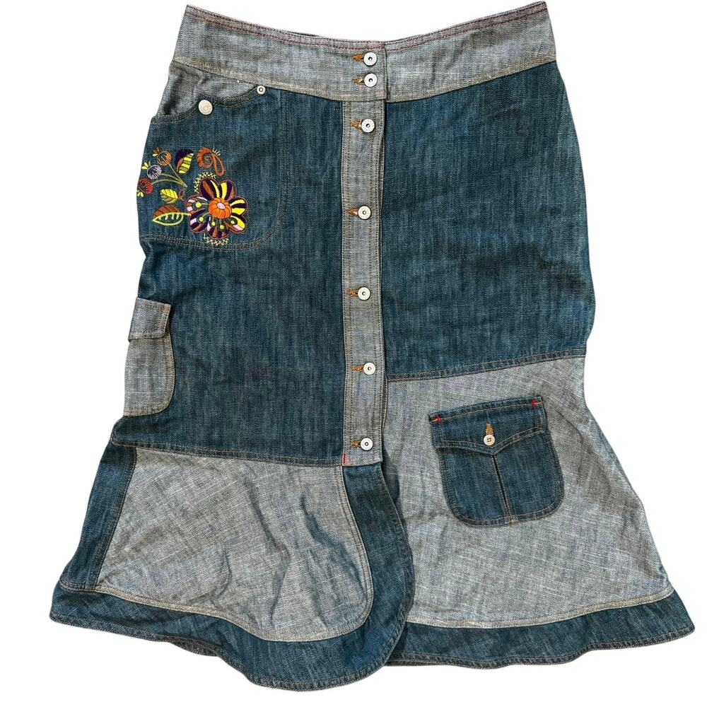 Oilily Y2K Denim Cargo Patchwork Button Down Artsy Fairy Skirt Floral Whimsy 6